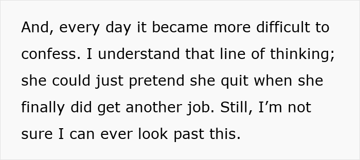 Text excerpt about difficulty confessing after pretending to quit job, related to GF quitting job but pretending to work.