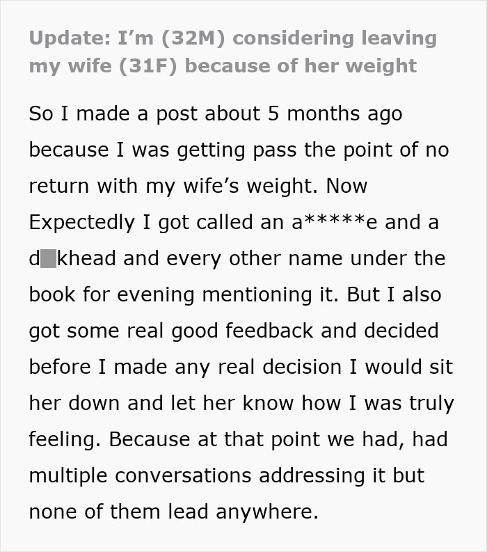 Text excerpt from a husband struggling to accept his wife&rsquo;s weight gain and considering leaving their marriage.