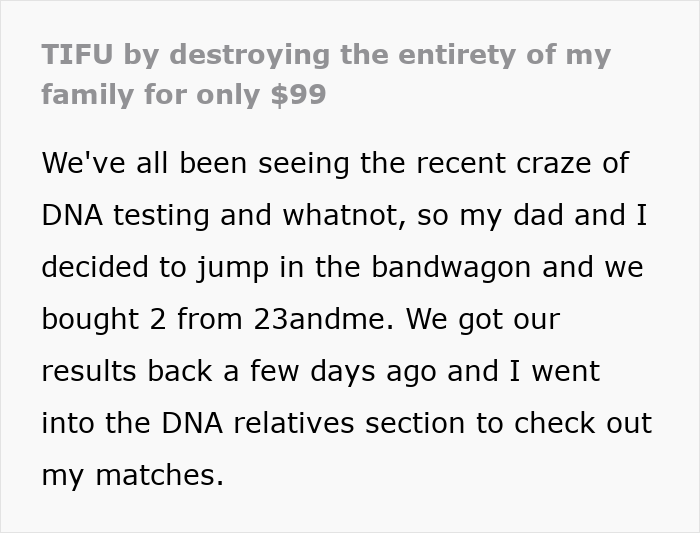 Screenshot of a text post describing a DNA test causing major family chaos as a guy realizes his uncle is his dad.