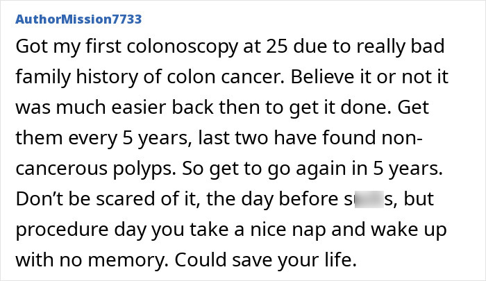 Text post discussing the importance of colonoscopies for detecting colorectal cancer symptoms early.