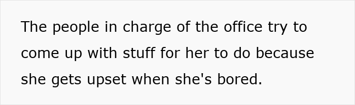 Text on a white background about office management trying to assign tasks to a woman to prevent boredom and upset.