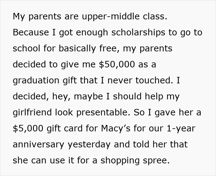Text discussing a man feeling embarrassed by his girlfriend&rsquo;s style and giving her a shopping gift card.