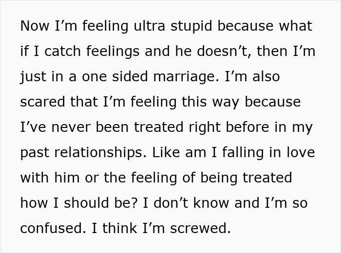 Alt text: Woman reflects on confusing feelings after marrying high school bestie for tax perks and his surprising gestures.
