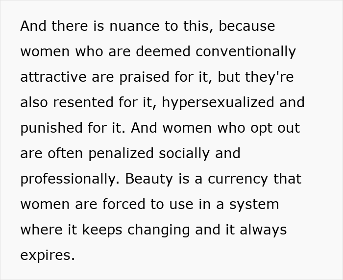 Text excerpt discussing how beauty standards affect women by praising, punishing, and socially penalizing them in changing systems. Text excerpt discussing how beauty standards affect women by praising, punishing, and socially penalizing them in changing systems.