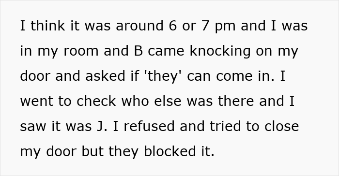 Text excerpt from a boyfriend confession about younger sister trouble, describing a tense moment at the door.