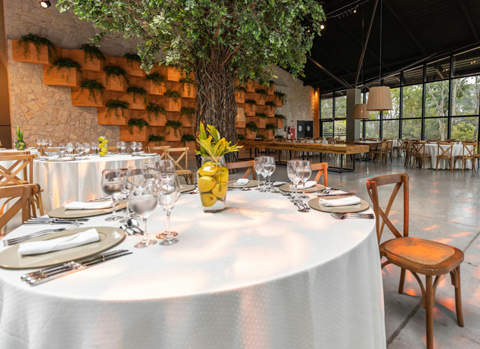 Elegant wedding reception setup with round tables, white tablecloths, glassware, and a large tree centerpiece in a spacious venue.