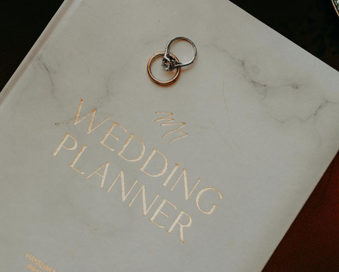 Wedding planner book with two rings on top, symbolizing a woman’s $20k wedding and reactions one year later.