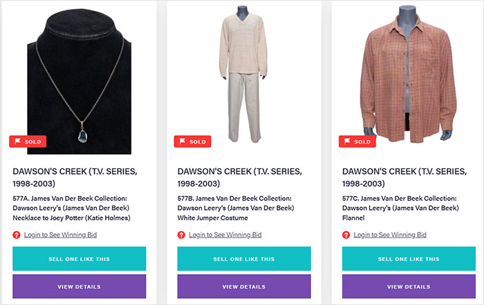 Costumes and necklace from Dawson's Creek auction, related to James Van Der Beek, highlighting money manager debate and GoFundMe support.