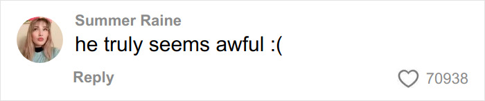 Comment by Summer Raine expressing dislike with sad emoticon and 70,938 likes on a social media post about Dax Shepard.