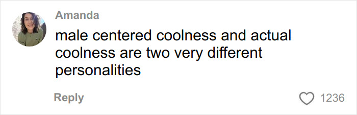 Comment by Amanda discussing different types of male centered coolness and actual coolness as distinct personalities.