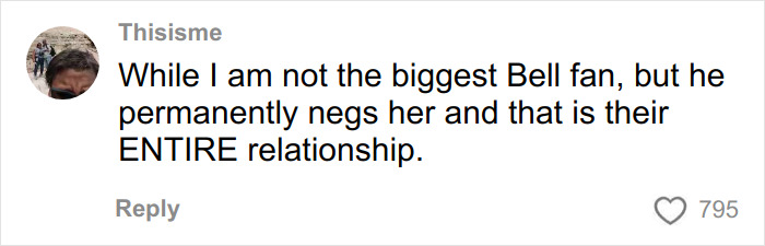 Comment discussing Dax Shepard not being a fan of Kristen Bell, mentioning negativity in their relationship.