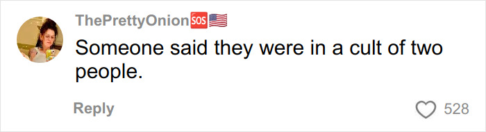 Comment on a social media post about a cult of two people, with user avatar and 528 likes visible.