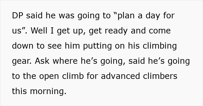 Text showing a partner describing a guy scheduling a fourth hobby before breakfast and ignoring her existence.