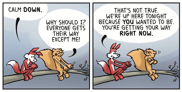 Two cute comic characters having a conversation, showing uncomfortably accurate feelings in a comic series.