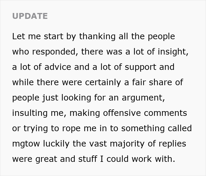 Update text discussing responses and advice after man gives wife a second chance, with internet sharing thoughts and support.