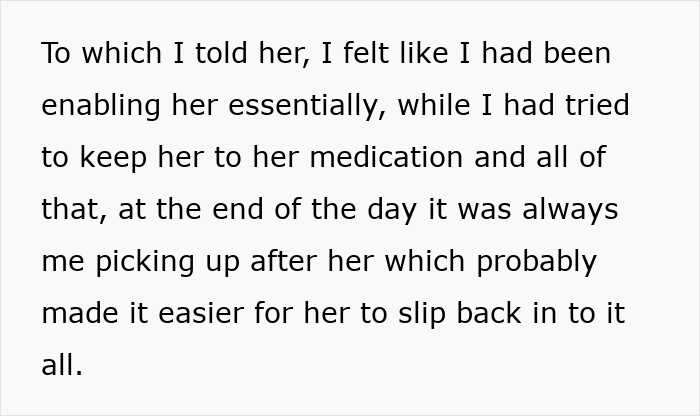 Text excerpt discussing a man reflecting on enabling his wife while trying to help her with medication.