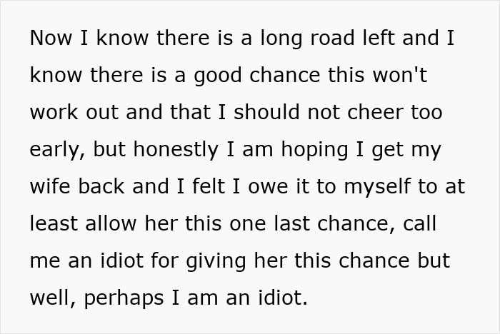 Text showing a man giving his wife a second chance after she leaves and begs him to take her back.