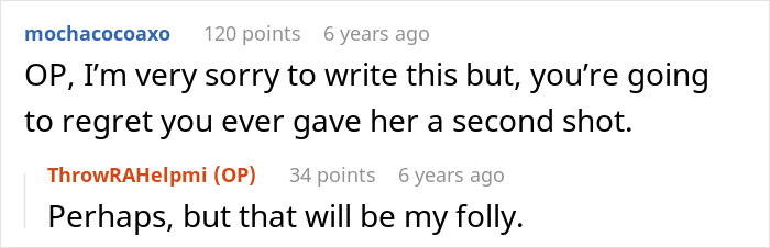 Screenshot of online conversation about man giving wife a second chance after she leaves and begs to be taken back.