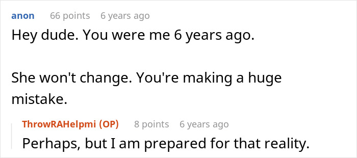 Screenshot of an online discussion where a man considers giving his wife a second chance despite warnings she won't change.