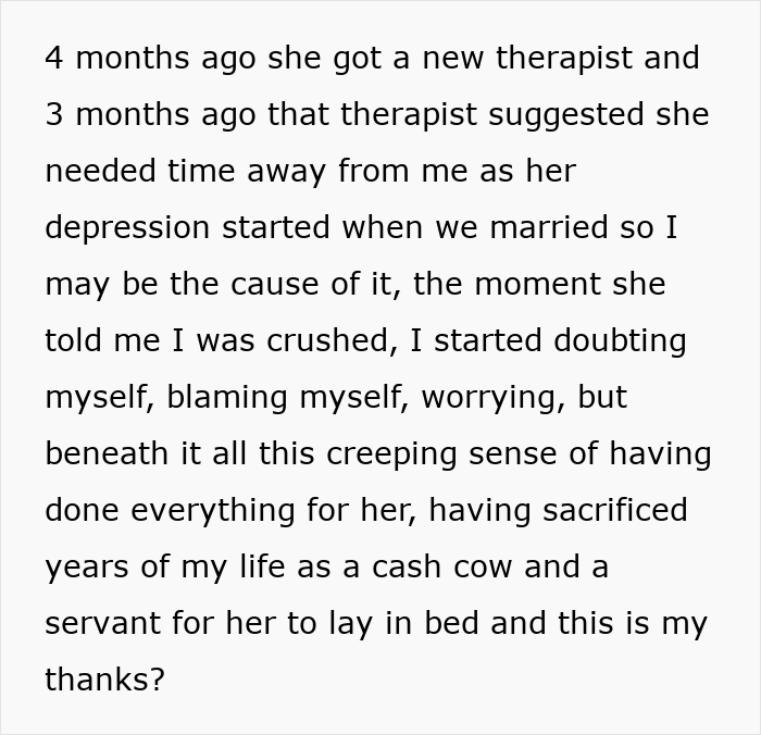 Text excerpt from a man sharing his experience after his wife left and begged him to take her back.