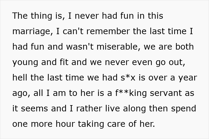 Text excerpt showing a man expressing frustration in marriage before his wife leaves and begs him to take her back.