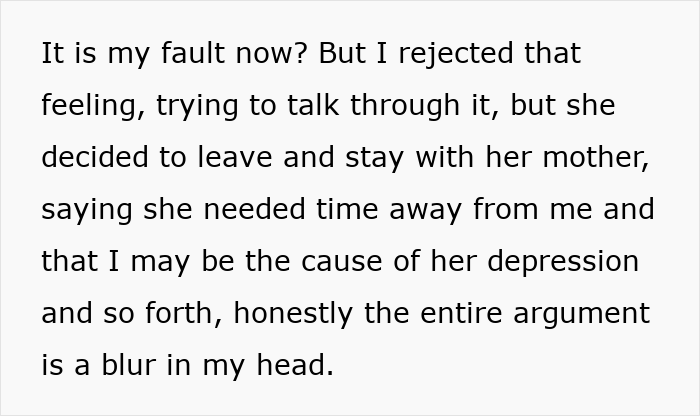 Text excerpt describing a man reflecting on his wife leaving to stay with her mother, mentioning depression and relationship struggles.