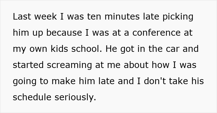 Text excerpt about an aunt being late and accused of not respecting her nephew’s schedule and being dramatic. Text excerpt about an aunt being late and accused of not respecting her nephew’s schedule and being dramatic.