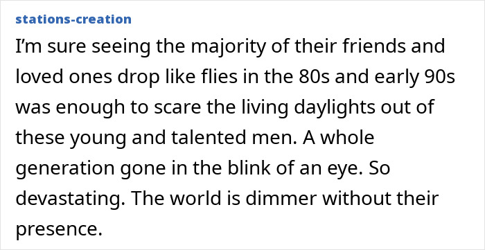 Text excerpt about loss and impact on young men in the 80s and 90s, related to Tim Gunn celibacy reason.