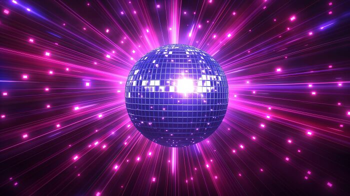 Shiny disco ball glowing purple with bright light rays and sparkles, representing 70s quiz and nostalgia theme.