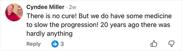 Comment by Cyndee Miller discussing the lack of a cure but presence of medicine to slow multiple sclerosis progression.