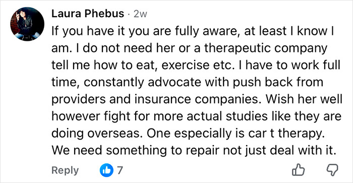 User comment discussing challenges faced by people with MS, highlighting ignored signs and need for better therapies.
