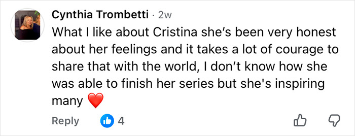 Screenshot of a comment praising Christina Applegate&rsquo;s courage and honesty about her MS health update and inspiring others.