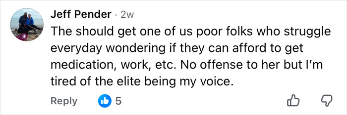 Facebook comment from Jeff Pender expressing frustration about healthcare access and representation for those with illness.