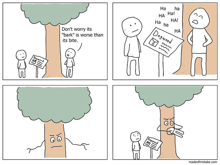 Minimalistic comic showing a person reading a sign by a tree with a pun on bark and bite, inspired by everyday observations.