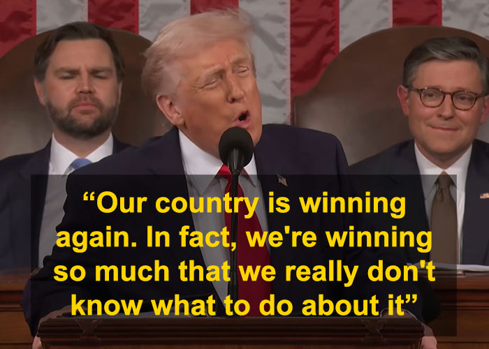 Former President speaking at the State of the Union address with viral moments highlighted by a bold yellow quote.