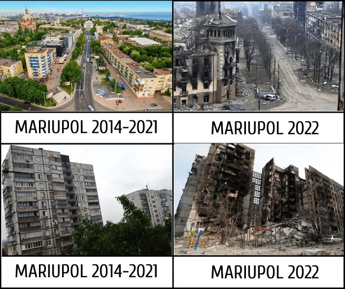 Side-by-side comparison of Mariupol cityscape before and after destruction, showcasing dystopian nightmare scenes worldwide.