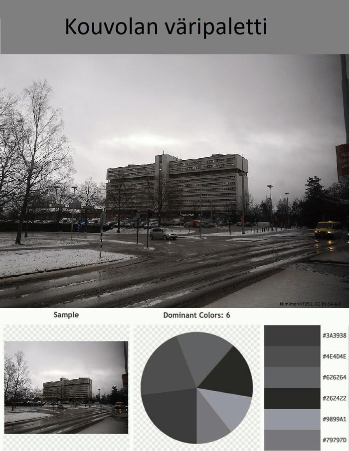 Gloomy dystopian cityscape with brutalist architecture under an overcast sky and wet streets covered in slushy snow.