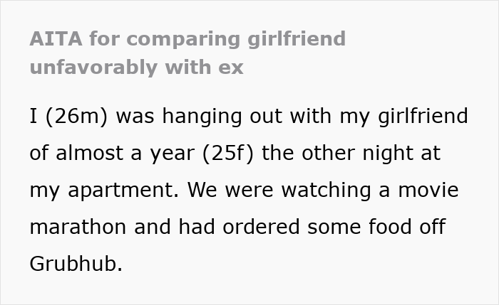 Alt text: Young couple deals with relationship drama after girlfriend compares boyfriend&rsquo;s manliness to her ex.