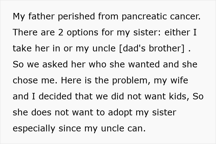 Text describing family dilemma where wife refuses to adopt underage sister while uncle is an option to adopt.