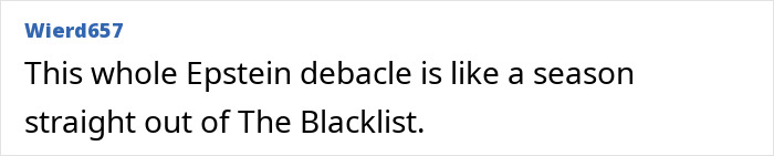 Comment mentioning Epstein debacle comparing it to a season from The Blacklist in online discussion.