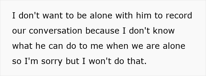 Text excerpt about refusing to be alone with him for recording, highlighting fear and younger sister trouble confession context.