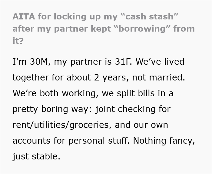 Text post discussing GF feeling humiliated after BF puts lock on money box, feeling like a thief for borrowing funds.