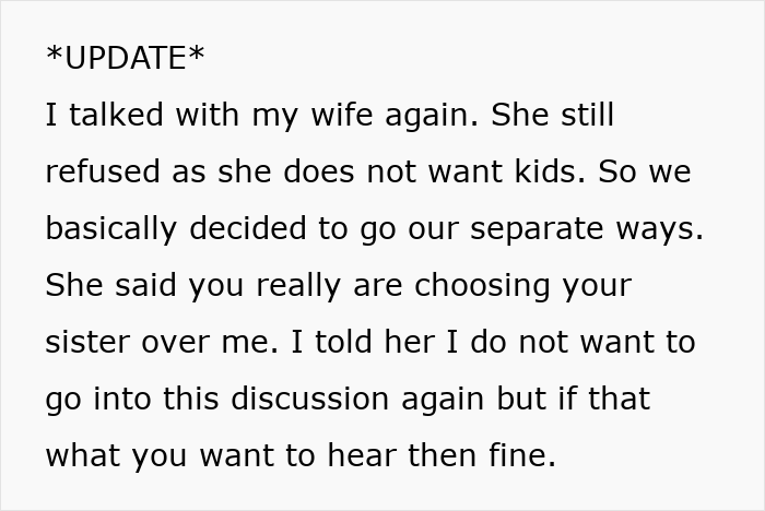 Text message update about wife refusing to adopt underage sister, leading to couple deciding to separate.