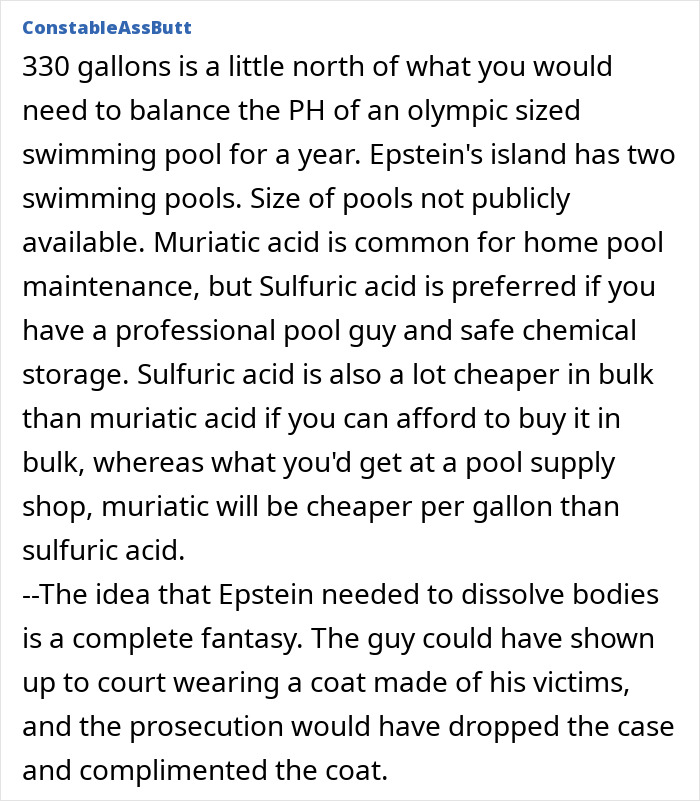 Screenshot of a forum post discussing 330 gallons of sulfuric acid related to Epstein Island and FBI probe details.