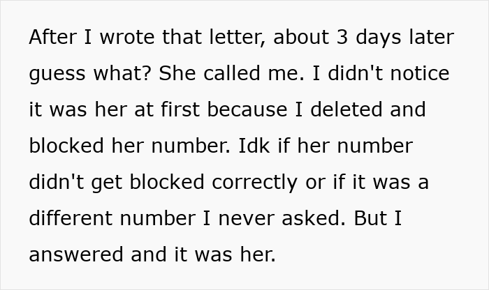 Text excerpt discussing a man-date-single-mom-drama situation involving a blocked number and unexpected call return.