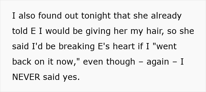 Text discussing a lady expecting her friend to cut long hair for her sister&rsquo;s wig and getting mad when she refuses.