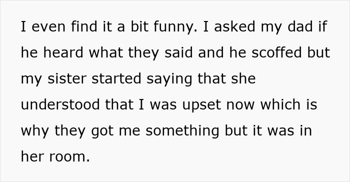 Text excerpt showing a younger sister causing trouble and a family conversation about feelings and misunderstandings.