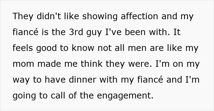 Text excerpt about woman deciding to leave fianc&eacute; over boyfriend, reflecting on past relationships and engagement plans.