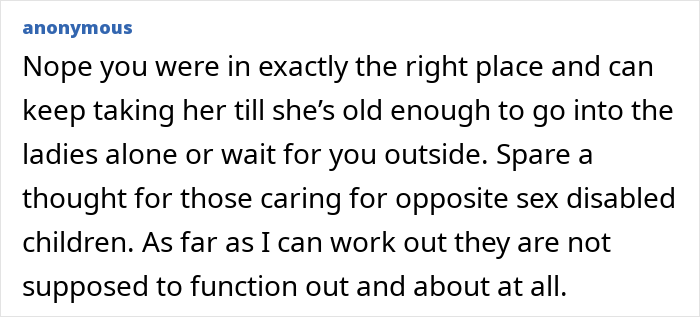 Comment discussing the controversy of a dad bringing his 3-year-old daughter into a men's toilet and the ensuing drama.