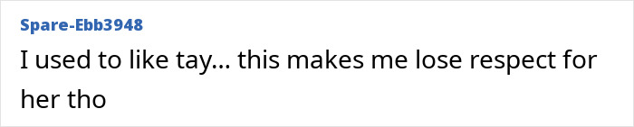 Screenshot of a social media comment expressing loss of respect amid accusations of Taylor Swift’s Opalite video copying.